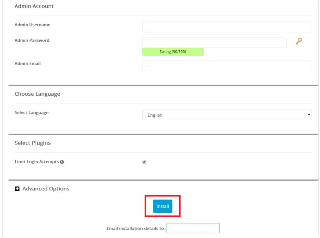 Create admin login details in Softaculous