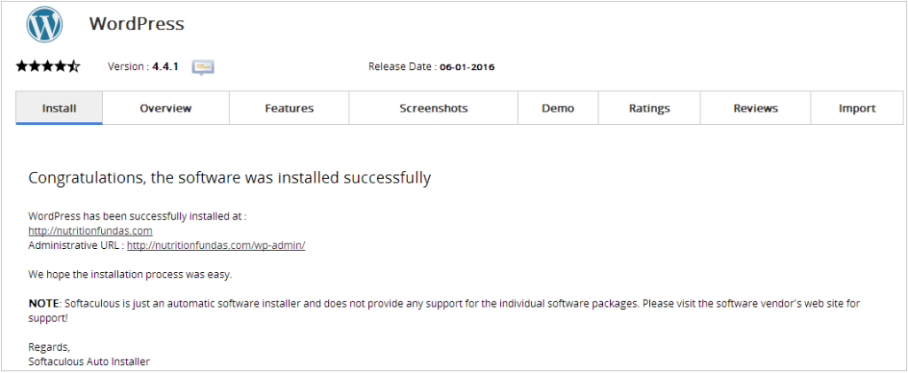 Successful WordPress installation using softaculous