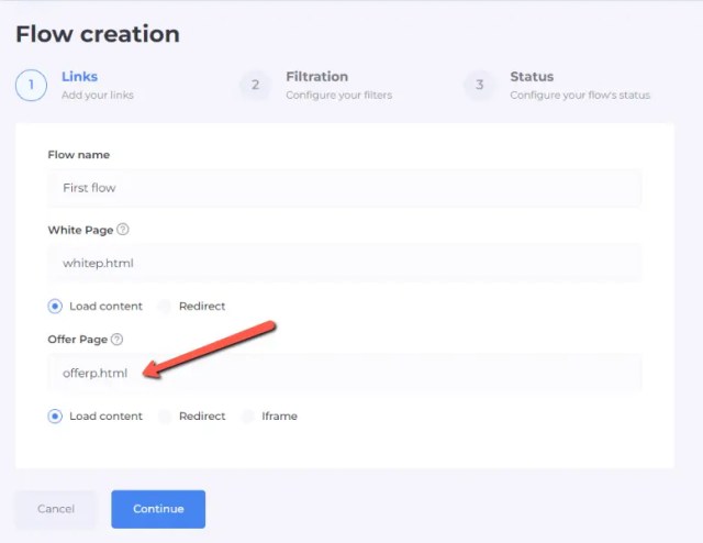 load content offer page on cloaking house